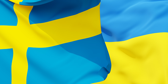 Swedish and Ukrainian flags flying in the wind. Sweden stand with Ukraine. 3D rendered image.
