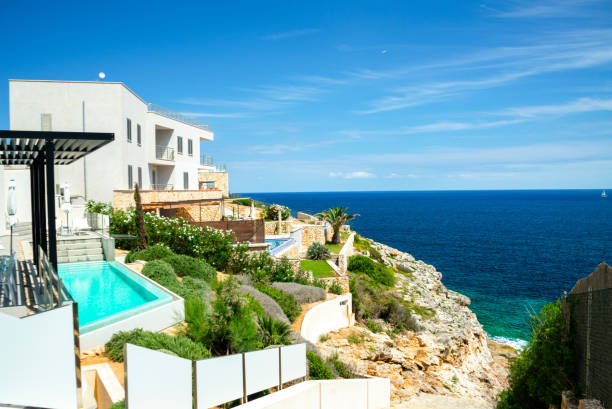 Mallorca, Spain – July 17, 2020: Mallorca, Spain - JULY 17, 2020. A nice sunny day on a beautiful vacation spot with a swimming pool next to the ocean
