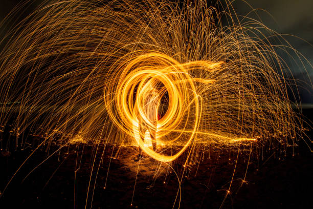 istock Amazing steel wool fire circles at night with glowing sparks 1438084159