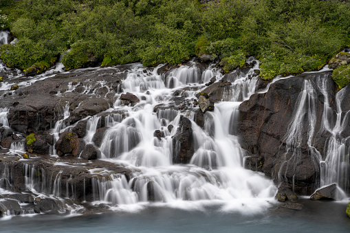 The Hraunfossar waterfalls surrounded by greenery at daytime in Iceland