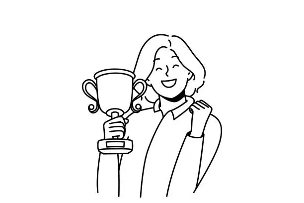 Vector illustration of Smiling woman with gold trophy in hands