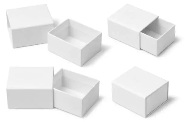 Photo of White open and closed drawer paper box on white