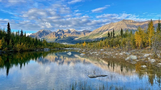 A symmetrical reflection shot on the lake in Wrangell, St.Elias National Park, Alaska, mountain tops in the background, and blue sky above