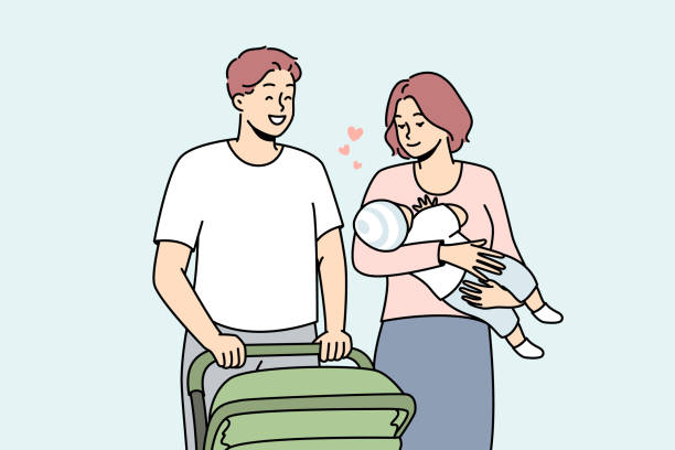 szczęśliwi rodzice z niemowlęciem chodzącym na zewnątrz - mother baby carriage women walking stock illustrations