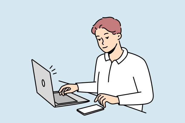 Male employee busy with gadgets in office Young businessman sit at desk work on laptop use cellphone. Male employee multitask busy with electronic gadgets on table in office. Vector illustration. cartoon of the mobile phone charger stock illustrations