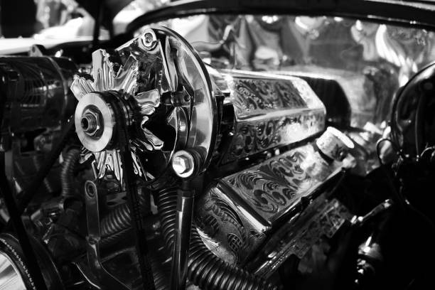 istock Grayscale detailed view of a Chrome Car Engine 1438086828