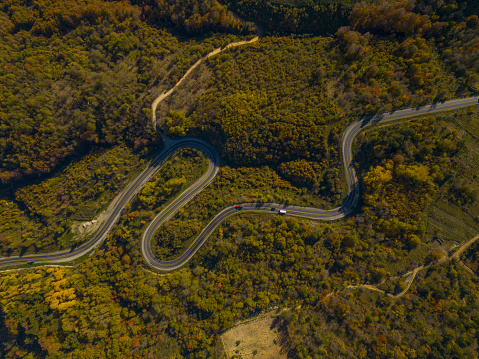 Aerial View of Winding Road Through the Dense Woods on the High Mountain in KÃ¼tahya DomaniÃ§