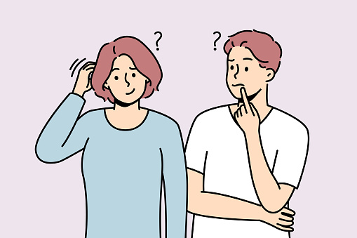 Confused man and woman thinking solving problem together. Frustrated couple feel unsure or doubtful look for solution or decision. Vector illustration.