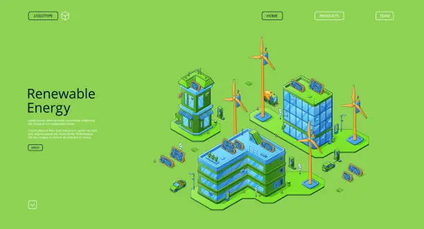 Vector illustration of Renewable energy isometric landing page, eco city