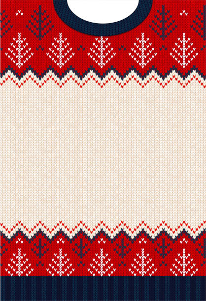 Ugly sweater Christmas party invite. Knitted background pattern scandinavian knitting ornaments. Ugly sweater Christmas Greeting Card X-mas 2022 Happy New Year. Vector illustration knitted background pattern scandinavian ornaments. White, red, blue colors knitting. Flat style knit cardigan sweater stock illustrations