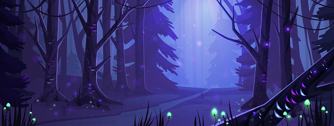 Night forest landscape with trees and road, glowworms and mushrooms shining in darkness. Wild wood fantasy background, dark mysterious place with plants under moonlight, Cartoon vector illustration