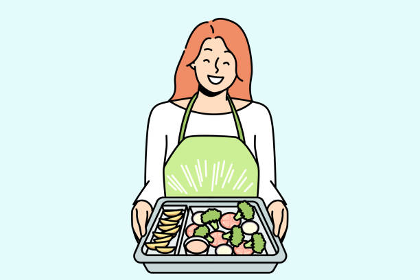 улыбающаяся женщина в фартуке готовит еду - real food illustrations stock illustrations