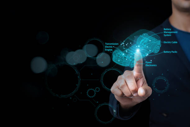 istock 3D rendering of a man's hand touching a holographic smart car interface against a dark background. 1438089807