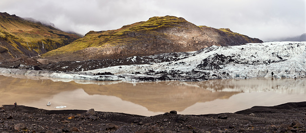 Panorama of Sólheimajökull Glacier lagoon and mountain in South Iceland
