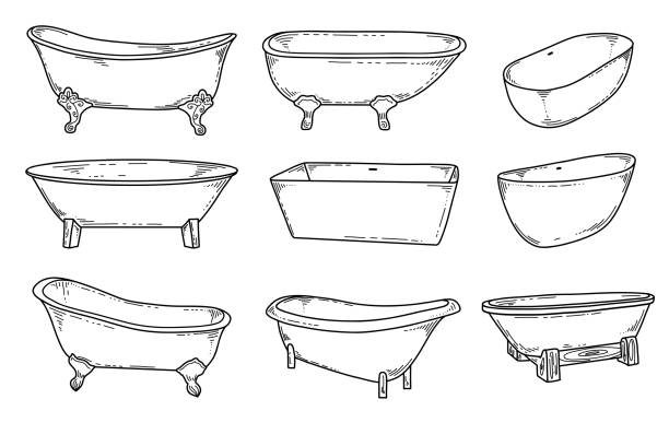 手描きのバスタブ、さまざまな角度とスタイル。シンプルな落書きスケッチスタイル。ベクターイラスト。 - bathtub点のイラスト素材／クリップアート素材／マンガ素材／アイコン素材