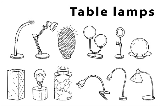 Doodle sketch lamps for the living room, table lamps, hand-painted large and small , different types of styles, modern and vintage. Vector illustration