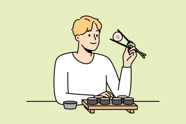 Vector illustration of Smiling man eat sushi with chopsticks