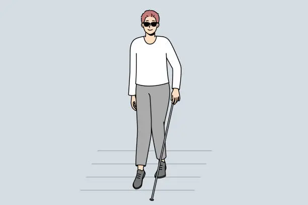 Vector illustration of Blind man with stick crossing road