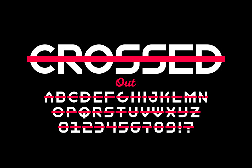 Crossed out style font design, alphabet letters and numbers vector illustration