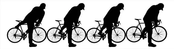 Vector illustration of Cyclist in a cap. A man stands with his back to the observer. A man holds his bike in his hands and throws his leg over the frame of the bike. Four black male silhouettes isolated on white background