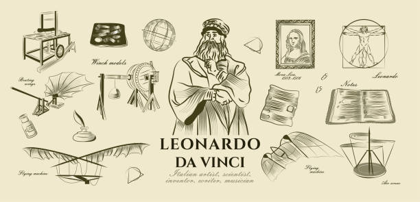 Set of Italian renaissance elements Set of Italian renaissance elements. Era of Leonardo da Vinci. Sketches, drawings and notes of great scientist, inventor, artist and anatomist. Cartoon linear vector collection isolated on background leonardo da vinci stock illustrations