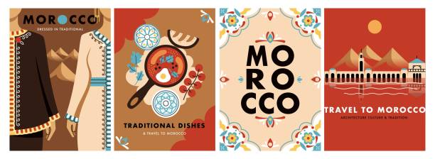 Travel morocco guide posters set Travel morocco guide posters set. Postcards or covers with traditional Moroccan clothing, cuisine and ornament. Tourism and vacation. Cartoon flat vector collection isolated on white background marrakech stock illustrations