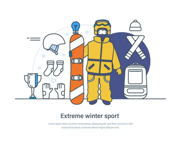 Vector illustration of Extreme winter sport, snowboarding equipment web banner. Snowboarder in warm winter outfit, sports equipment and sportswear. Outdoor winter sports activities thin line design