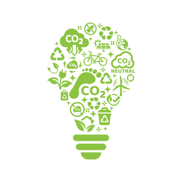 Zero emissions, carbon footprint vector template Ecology, environment symbols and icons in lightbulb sustainable business stock illustrations