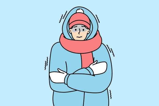 Young man in outerwear suffer from cold Young man in outerwear feeling cold and freezing outdoors. Unhappy frozen guy in jacket suffer during cold days in winter. Vector illustration. shivering stock illustrations