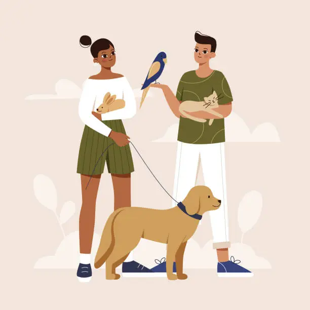Vector illustration of The concept of helping and loving pets. A woman and a man hold a cat, rabbit, bird, and dog in their arms.