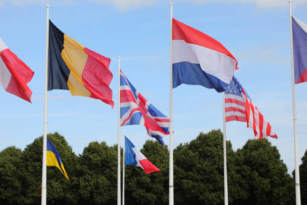 istock international flags flying during the international meeting 1438093909
