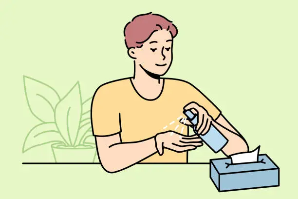 Vector illustration of Man sanitize hands with liquid sanitizer