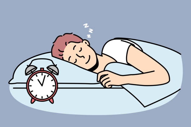Happy man lying in bed sleeping vector art illustration