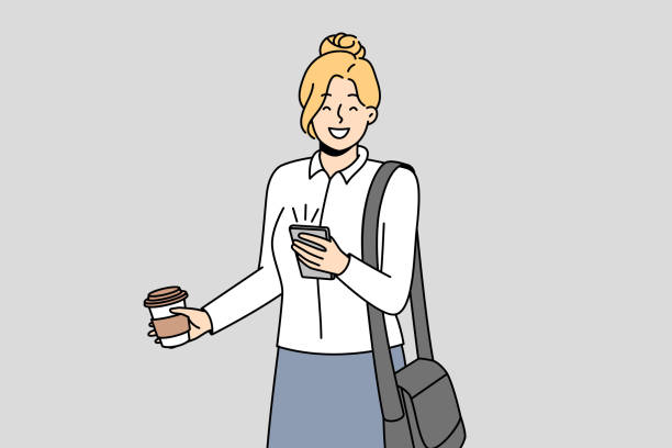 Smiling businesswoman with cellphone and takeaway coffee Smiling businesswoman use cellphone drink coffee from takeaway cup. Happy motivated female employee enjoy takeout drink browse smartphone. Vector illustration. cartoon of the mobile phone charger stock illustrations
