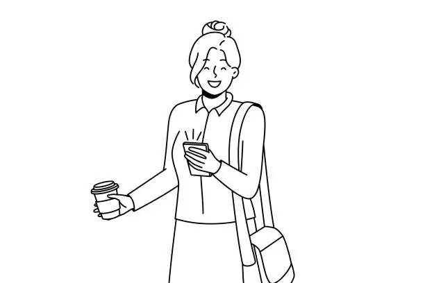 Vector illustration of Smiling businesswoman with cellphone and takeaway coffee