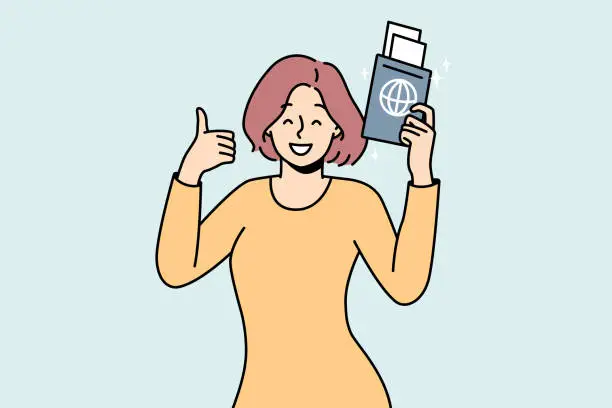 Vector illustration of Smiling woman with passport in hands