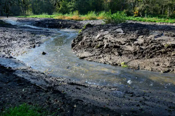 Photo of dam cleaning. to clean the pond from alluvium of mud floated from the surrounding fields. floods will be solved by dredging the soil from the blocked channel in the floodplain, stone, dam, rock, wall