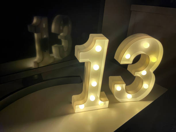 istock a light number 13 in cinematographic style on a table in a dark room, reflection on a screen, copy space, cinema style 1438098924
