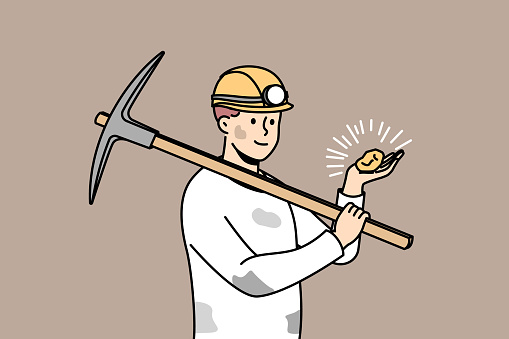 Dirty male miner in helmet holding jewel in hands. Man working in mine searching for precious stones. Occupation. Vector illustration.