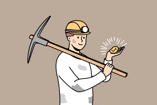 Vector illustration of Male miner in helmet with stone in hands