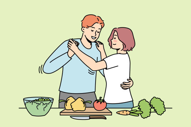 счастливая пара готовит и танцует на кухне - real food illustrations stock illustrations