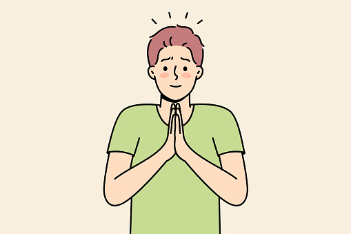 Smiling young man with hands in prayer ask for forgiveness. Male join hands feel grateful or thankful. Gratitude concept. Vector illustration.