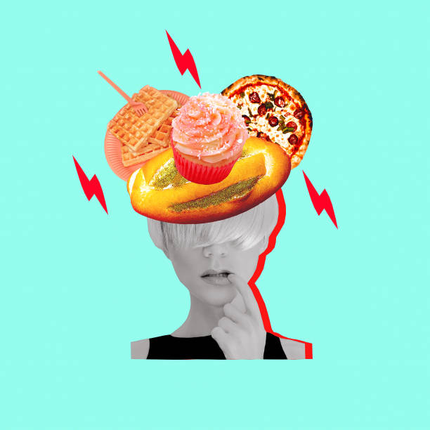Contemporary digital collage art. Lady and calory food. Diet, calorie, food addiction concept stock photo