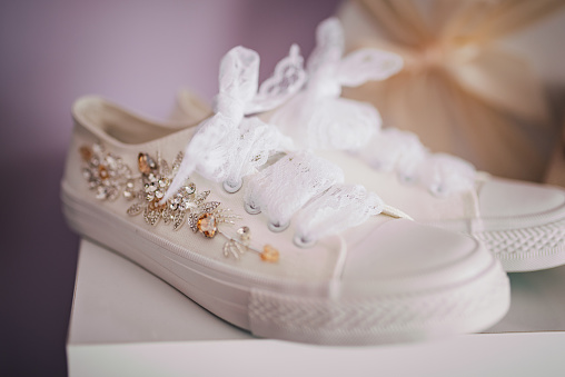 Bridal white sneakers with lace and gems