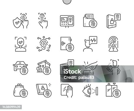 istock Biometric authentication. Voice recognition, fingerprint, door lock and other. Biometric passport. Pixel Perfect Vector Thin Line Icons. Simple Minimal Pictogram 1438099439
