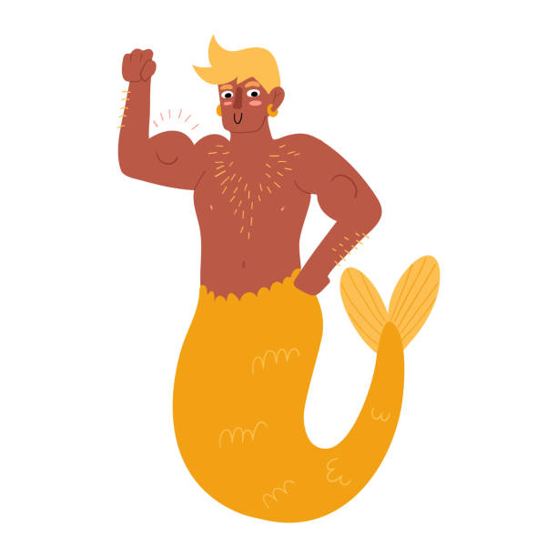Handsome and strong merman Handsome and strong merman showing his muscles, funny hand drawn vector illustration in flat style gay males stock illustrations