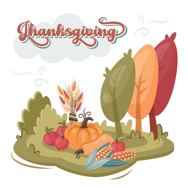 illustrations, cliparts, dessins animés et icônes de carte de vœux de thanksgiving. fond d’automne avec buissons, arbres. bonne récolte d’automne, légumes, fruits, citrouilles, épis de blé, maïs, pommes mûres. illustration vectorielle pour vacances en famille, bannière, affiche, invitation - feast day abundance vegetable food