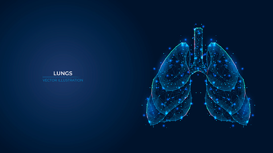 Futuristic abstract symbol of the human lung. Concept blue respiratory system, pneumonia, asthma. Low poly 3d wallpaper background vector illustration.