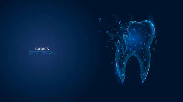 Vector illustration of Futuristic abstract symbol tooth decay. Dental caries treatment and restoration concept. Low poly geometric 3d wallpaper background vector illustration.