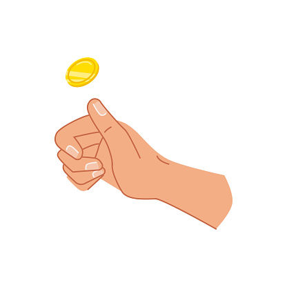 Tossing gold coin up, isolated hand of character throwing money. Arm of personage with money, paying or saving financial assets. Vector in flat cartoon style